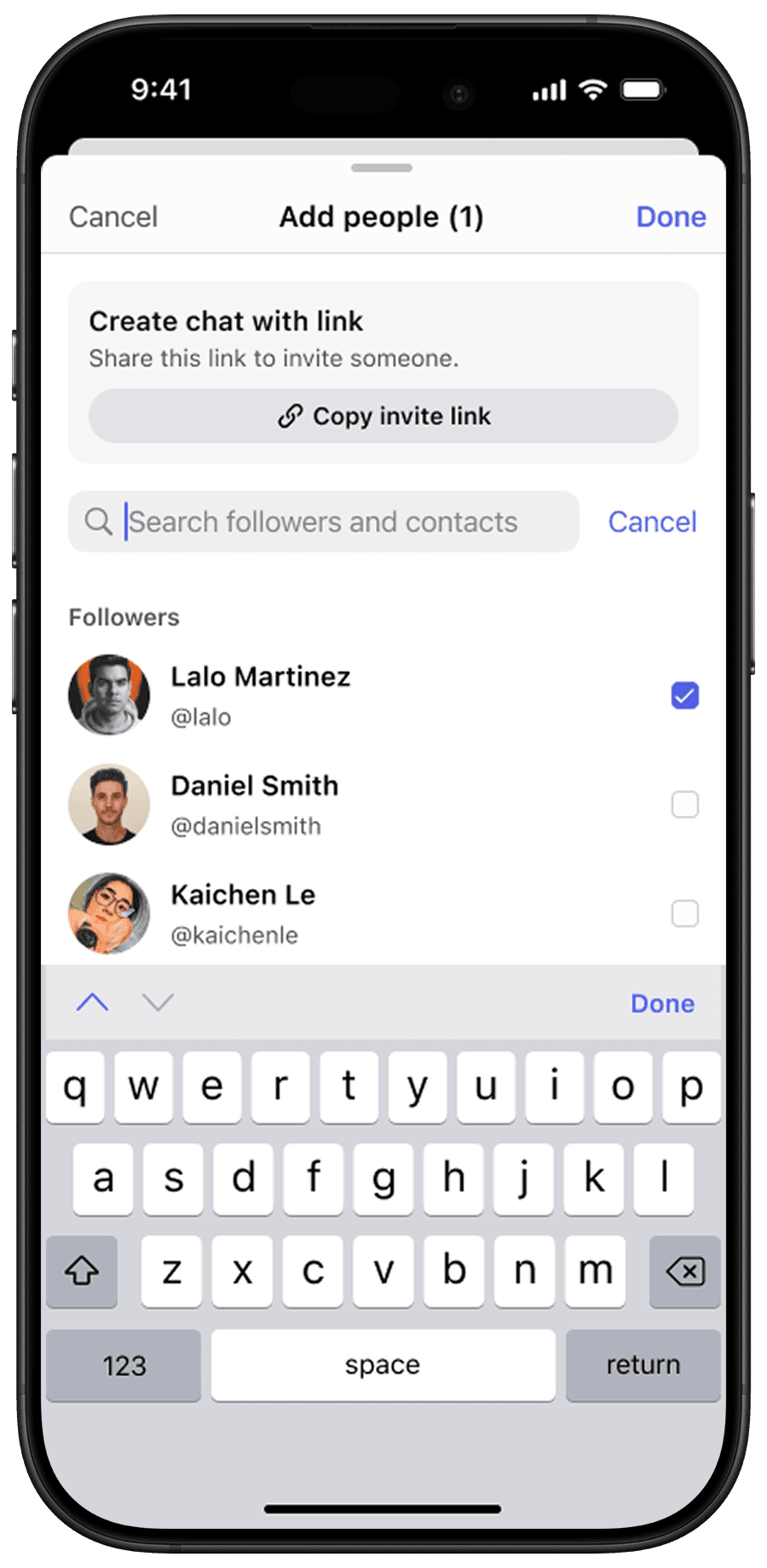 Direct adds via followers — follower list, selection state